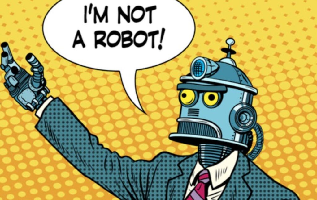 robot in a business suit saying I am not a robot